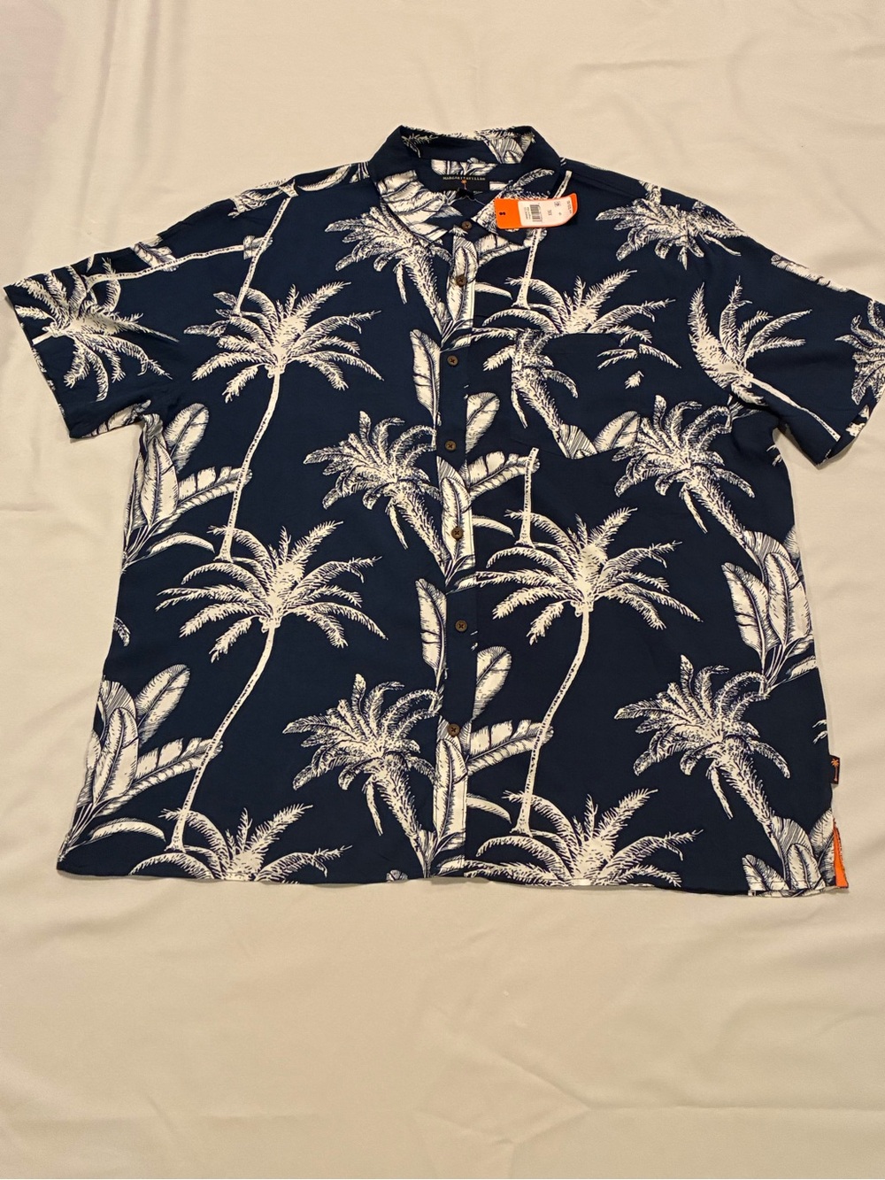 Margaritaville Navy Blue Palm-Print Short Sleeve Button-Front Shirt